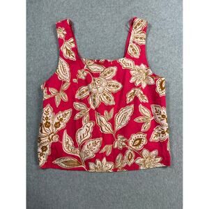 Every Sleeveless Linen Top Women's Medium Red Floral Wide Pullover Casual